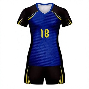 Custom Women's Blue Black Yellow Sublimated Volleyball Jersey Set Short Sleeve Fitted Moisture Wicking Team Uniform - Product Image 1