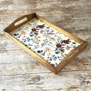 Natural wooden serving <b>tray</b> Wooden Serving <b>Tray</b> With Floral Pattern Rectangle French Country Style Tableware <b>Storage</b> <b>Trays</b> - Product Image 5