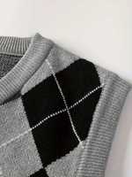 Chaleco de Punto Personalizado para Hombre, Talla Grande, Diseño Color Block Argyle, Lana/Acrílico, Cuello en V, Sin Mangas, Transpirable, para Invierno
