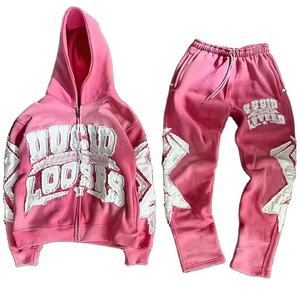 OEM Manufacturer Sweatsuit Jogging Zipper Track Suit <b>Set</b> Acid Wash Distressed <b>Embroidery</b> Patch Flared Sweatpants Hoodie <b>Sets</b> - Product Image 1