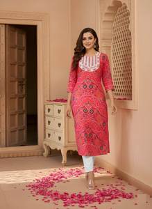 Conjunto de Kurta y Pantalón Recto de Algodón Rosa Estampado, Cuello Redondo, Largo hasta la Pantorrilla, Traje Étnico de Uso Diario para Mujer, Tallas M, L, XL, XXL - Product Image 2