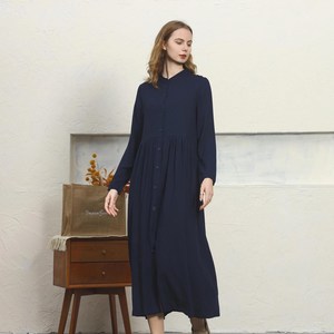 Luxury Navy Blue Plain Cotton Linen Maxi <b>Dress</b> With Button Down Mandarin Collar <b>Loose</b> Fit Full Sleeve Summer Casual <b>Dress</b> - Product Image 2