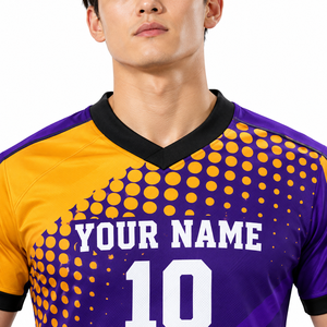 Ensemble de maillot de football personnalisé violet et or pour hommes, uniforme de football par sublimation avec nom et numéro personnalisés et short assorti - Product Image 5