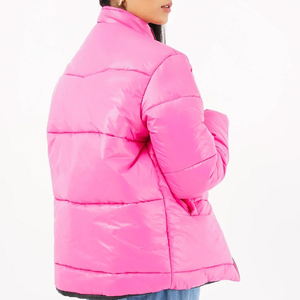 Pink Quilted Puffer Jacket Women's <b>Winter</b> <b>Coat</b> Full Sleeve Stand Collar Zipper Closure Solid Color <b>Thick</b> Polyester Wadding - Product Image 4