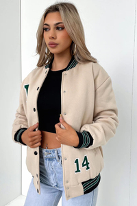 Beige Women's Varsity Jacket Long Sleeve Stand Collar Letter Patch <b>Button</b> Front Autumn <b>Coat</b> - Product Image 3