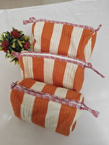 Orange White Stripe Block Printed Eco-Friendly Durable Cotton Zipper <b>Makeup</b> <b>Case</b> Indian Travel Cosmetic Organizer Kit - Product Image 2