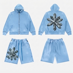 Unisex Straight Short Sweatsuit Manufacture <b>Oversized</b> Tracksuit Sweat Pants and Hoodie Set <b>Jogger</b> With Open Bottom Pants - Product Image 1