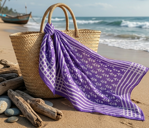 Pañuelo de algodón morado con estampado de bloques, hecho a mano, estilo indio floral, bandana boho, pañuelo para el pelo con borde a rayas, pañuelo para el cuello, venta al por mayor - Product Image 3