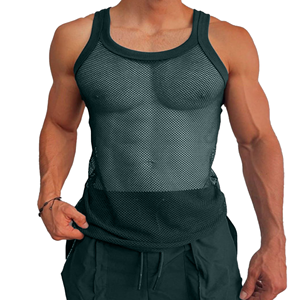 Men's <b>Black</b> Mesh Tank Top Round Neck Sleeveless Fitted Breathable Polyester Vest Summer Solid Color Adult Style - Product Image 3