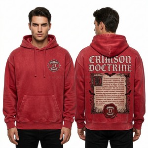Customized Acid Wash Maroon Hoodie Men Streetwear Puff Print Rhinestone Gothic Oversized Pullover Heavy Cotton Fleece Sweatshirt - Product Image 6