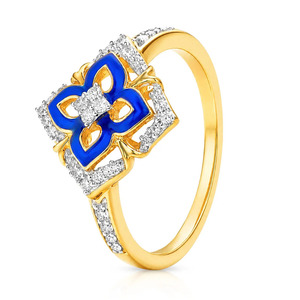 Blue Enamel Floral Design <b>Diamond</b> Accent Gold <b>Ring</b> - Product Image 1