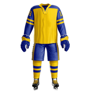 Ensemble de maillot de hockey sur glace pour homme, jaune et bleu, manches longues, sublimé, maille respirante, coupe classique, vêtements pour adultes - Product Image 6