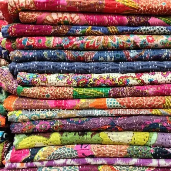 Kantha quilt/cobertor/boêmio/reversível, lote vintage, costura à mão, acolchoado, de algodão