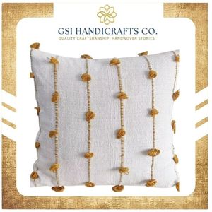 Housse de coussin carrée bohème rayée avec pompons, amovible et lavable, en lin et coton, au meilleur prix - Product Image 2