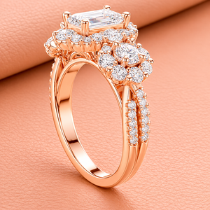 Bague de fiançailles de luxe en or rose avec diamant de laboratoire taille émeraude, halo et pierres latérales en grappe, certifiée IGI, bijoux de mariée pour femme - Product Image 3