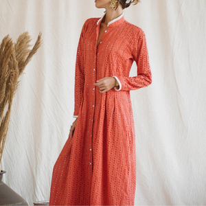 Vestido Maxi Romántico Boho Color Rosa Coral, Vestido Camisero con Botones Delanteros de Algodón Orgánico, Vestido Largo Estilo Victoriano - Product Image 4