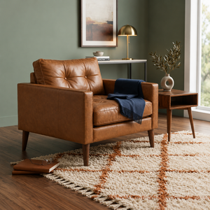 Sillón de Cuero Genuino de Estilo Moderno de Mediados de Siglo, Diseño Ecológico que Ahorra Espacio, Ideal para Apartamentos, Salas de Estar, Gimnasios y Exteriores - Product Image 1