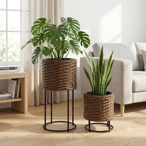 Pot de fleurs en osier fait main avec support métallique et pot en plastique sur pied pour la maison, le jardin, l'hôtel, la pépinière - Product Image 6