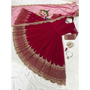 Designer Party Wear Long Gown with Dupatta Faux Georgette Fabric Embroidery 5mm <b>Sequin</b> Work in <b>Red</b> - Product Image 1