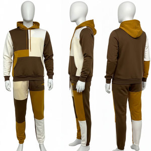 Conjunto Deportivo Informal Unisex Ligero con Capucha, Bloques de Color, Algodón, Corte Holgado, Largo, con Cordón Ajustable y Diseño de Parches para Otoño - Product Image 1