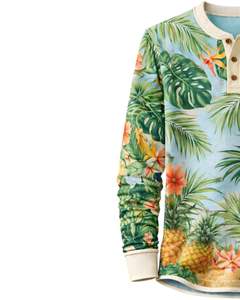 เสื้อเชิ้ตเฮนลีย์ลายดอกไม้เขตร้อนสำหรับผู้ชาย สีฟ้าและสีเขียว แขนยาว ติดกระดุม แนวลำลอง สไตล์ชายหาด แฟชั่นฤดูร้อน - Product Image 3