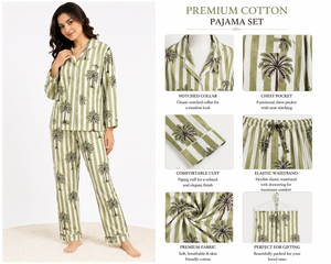 Ensemble de pyjama long en coton imprimé palmiers et rayures olive de qualité supérieure pour femme – Vêtement de nuit décontracté fait main, un chef-d'œuvre, idéal comme cadeau - Product Image 2