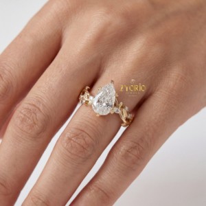 Anillo Romántico con Diamante Cultivado en Laboratorio, Corte Pera, VS, Diseño de Hoja Inspirado en la Naturaleza, Oro, para Compromiso, Boda, Aniversario, Propuesta de Matrimonio - Product Image 4