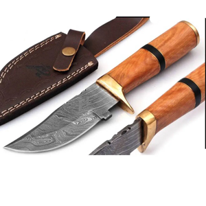 Cuchillo de caza hecho a mano con hoja de acero de Damasco, mango de madera y detalles en latón, herramienta de supervivencia para exteriores con hoja fija. - Product Image 6