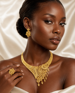 Nigerian Inspired Brass Gold Plated Charm <b>Necklace</b> Set with Earrings & <b>Ring</b> for Wedding Fashion - Product Image 2