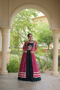 Traditional Indian Ethnic Blouse With Embroidered Red Jacket Black Lehenga Floor-Length Loose Fit Women's Wedding Wear <b>Dress</b> - Product Image 4