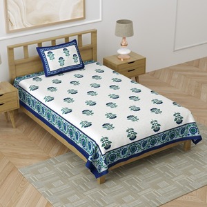 Heritage <b>Single</b> Cotton Bedsheet Hand Block Floral Print with Blue Border and Pillow Cover for Home Hotel <b>Bedding</b> - Product Image 1