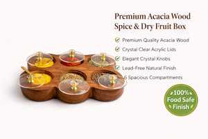 Test Passed Handcrafted Rectangular Spice <b>Box</b> <b>Masala</b> Dabba Acrylic Lid with 6 Round Compartments Acacia Wood Dry-Fruit <b>Box</b> Set - Product Image 6
