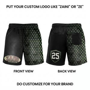 Men's 100% Cotton Woven Sporty Board <b>Shorts</b> Black Green <b>Sequined</b> Front Logo Drawstring Closure Quick Dry Eco-Friendly - Product Image 1