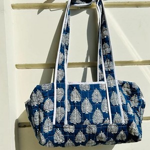 Quilted Cotton Duffle Bag Blue Leaf Pattern Large Capacity <b>Weekender</b> Travel Bag Zipper Closure - Product Image 2
