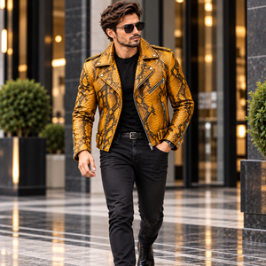 Mens Mustard Yellow Embossed Genuine Leather <b>Biker</b>/Motorcycle <b>Jacket</b> with Zipper Pockets Breathable Winter Wear - Product Image 4