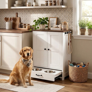 Armoire de rangement pour animaux avec station d'alimentation coulissante pour chiens, en bois blanc, style classique, pour la cuisine - Product Image 2