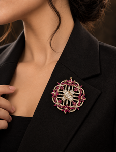 Premium 925 Sterling <b>Silver</b> <b>Brooch</b> with Ruby Pink Marquise Stones Moissanite Antique Gold Finish Luxury Floral Statement Jewelry - Product Image 1