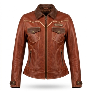 Vintage Cognac Brown Western Real <b>Leather</b> Jacket Womens Contrast Piping Yoke Flap Pocket <b>Shirt</b> Collar Outerwear Coat - Product Image 1