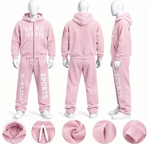 Conjunto de sudadera con capucha y pantalones deportivos de forro polar grueso color rosa claro para hombre, con cremallera completa, chándal personalizado OEM, ropa de calle para invierno. - Product Image 1