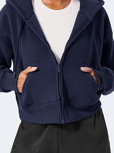 Sudadera con capucha y cremallera azul marino para mujer, de manga larga, de forro polar, estilo casual, de color liso. - Product Image 5