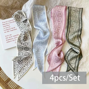 Lot de 4 foulards en satin de soie pour femme, bandeaux pour cheveux, accessoires de coiffure, foulards pour dames, rubans, attaches pour poignée de sac - Product Image 2