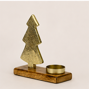 Handcrafted Gold Metal Christmas Tree <b>Tea</b> Light Holder On Mango Wood Base Modern Tabletop Centerpiece For Holiday Home Decor - Product Image 1