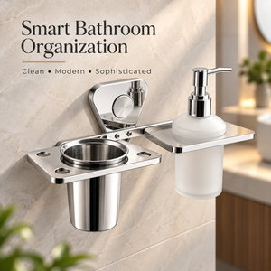 Distributeur de savon liquide 2-en-1 en acier inoxydable avec support pour bain et douche |   Support pour brosse à dents finition chrome moderne |   Résistant à la rouille, robuste - Product Image 2