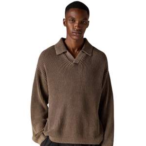 Pull polo côtelé pour homme, marron, manches longues, en maille texturée douce, délavé, décontracté, hiver, mélange de coton, OEM - Product Image 3