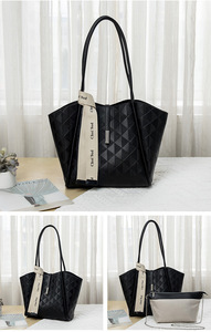 Sac fourre-tout noir en PU pour femme Choi9od, motif losanges, poignée souple, fermeture éclair, style minimaliste - Product Image 3