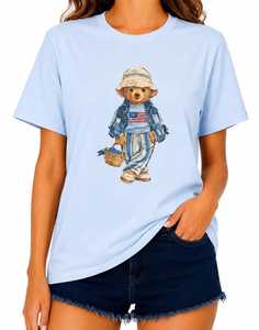 Camiseta Azul Claro para Mujer con Estampado de Oso, Cuello Redondo, Manga Corta, Casual, 100% Algodón, Transpirable, Corte Regular - Product Image 6