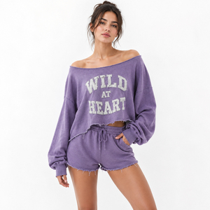 Conjunto de Sudadera Oversize de Felpa con Hombros Descubiertos y Dobladillo Deshilachado para Mujer, y Shorts de Felpa Francesa con Hombros Descubiertos y Dobladillo sin Rematar - Product Image 1