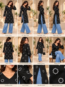 Black Embroidered Dot Print V-Neck Long Sleeve <b>Tunic</b> <b>Dress</b> Loose Fit Midi Length Casual Wear for Women 100% Cotton Woven Fabric - Product Image 5
