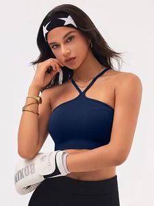 Women High Neckline Halter Workout <b>Bra</b> <b>Open</b> Back Spaghetti Strap Bralette Breathable Seamless Fabric Gym Exercise Top - Product Image 3