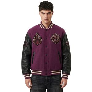 Blousons Letterman Urbains en Cuir Véritable Bordeaux avec Manches en Cuir et Corps 100% Laine, Personnalisables, avec Badge Avant Crème - Product Image 4